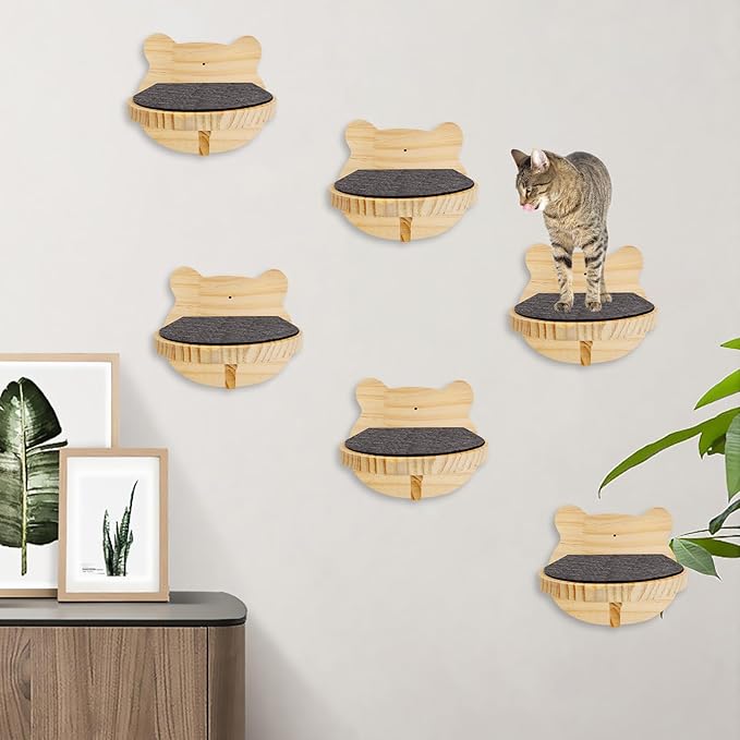 kathson 6 Pcs Cat Shelves for Wall Cat Wall Mounted Shelves Cat Wall Steps Wood Cat Climbing Shelves Cat Stairs with Non Slip Felt Cat Ladder Cat Wall Furniture for Springboard Playing (Bear Shape)