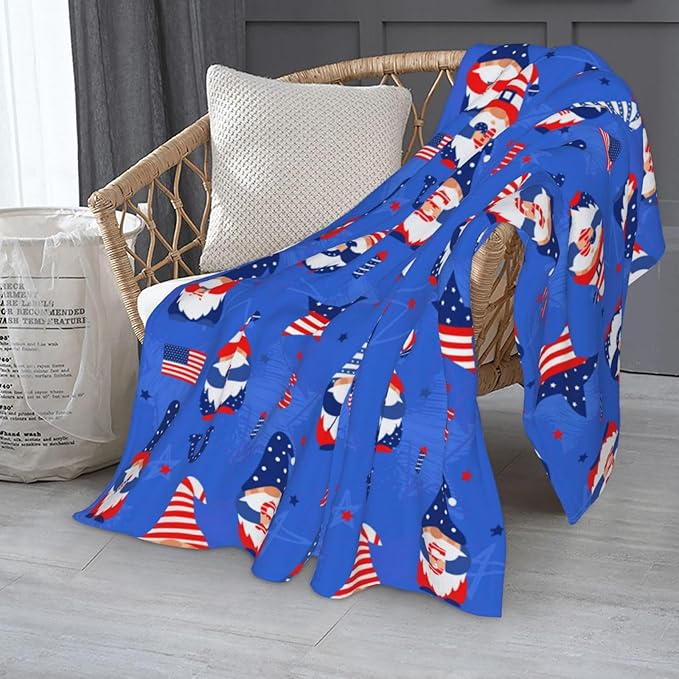 American Gnome Patriotic Blanket Throw 60"x50", Plush Flannel 4th of July Memorial Day Blanket, Soft Warm Decorative for Kids Women
