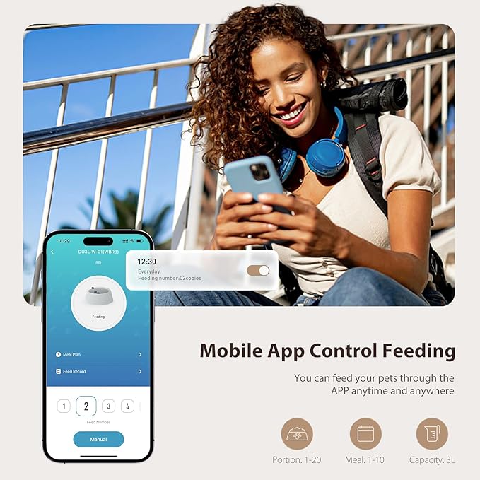 Automatic Cat Food Dispenser, WiFi Cat Feeder with APP Remote Control for Dry Pet Food, Programmable Timer, Dual Power Supply, Slow Feeder for Cats & Small Dogs