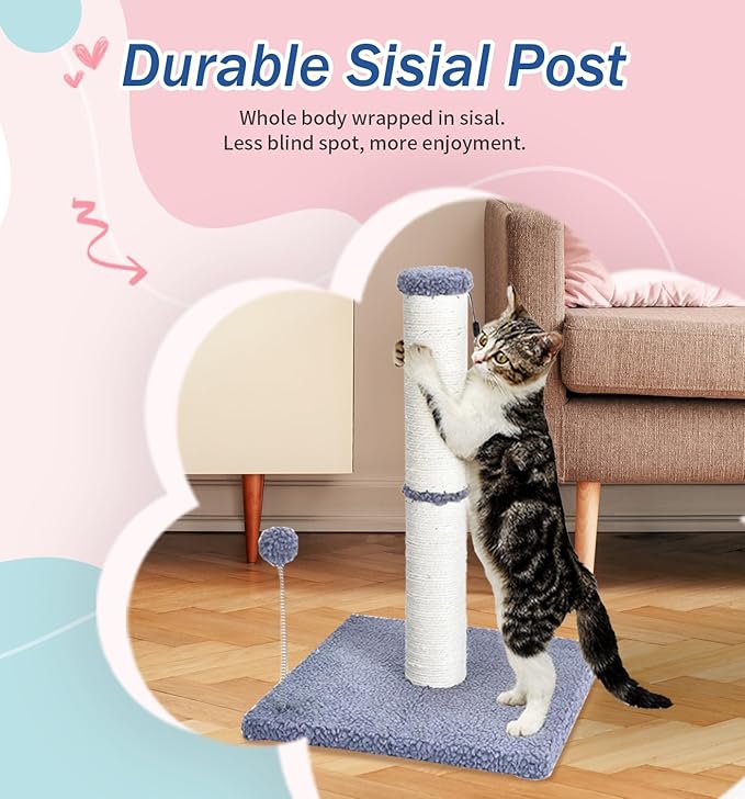 Cat Scratching Post Kitten Scratcher Sisal Scratch Posts Basic with Hanging Ball for Indoor Cats, Integrated Cat Toys, Gray