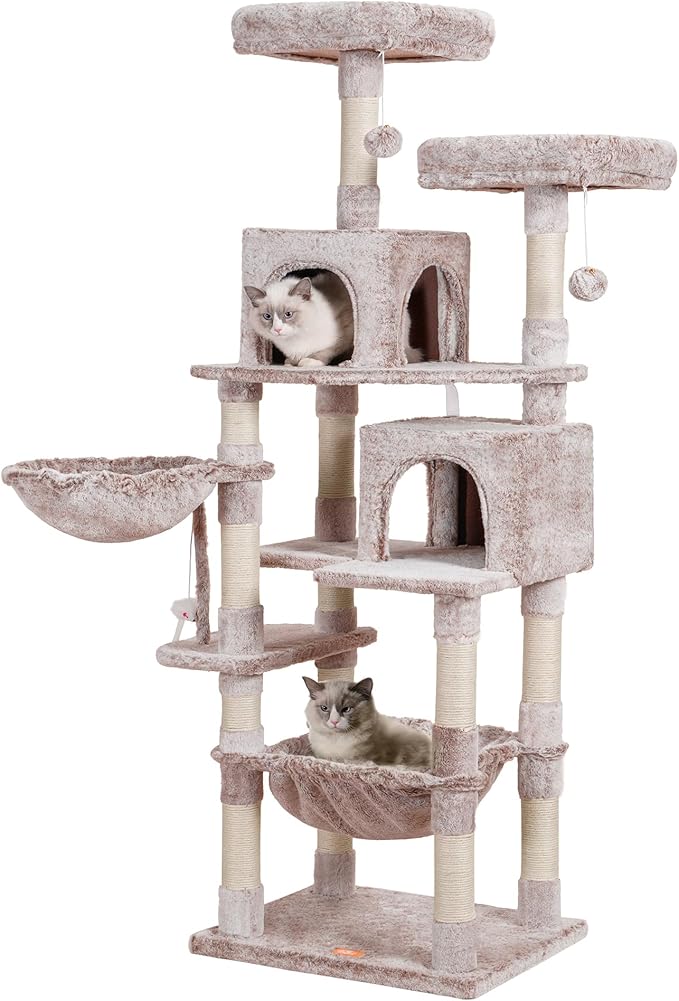 Heybly Cat Tree, 70 inches Tall Cat Tower condo with Toy for Indoor Large Cats, Cat House Furniture with Padded Plush Perch, Cozy Hammock and Sisal Scratching Posts,Muchroom HCT032MU