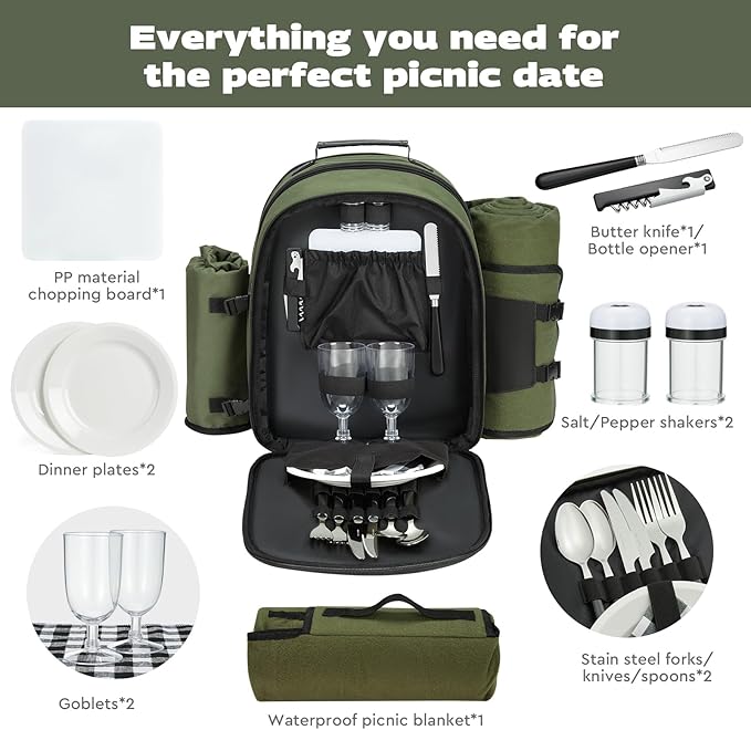 22L Insulated Picnic Basket Leak Proof Picnic Backpack for 2, Green Camping Gifts, Cool Bridal Shower Gifts for Bride and Groom, Mr and Mrs, Anniversary Engagement Wedding for Newly Engaged Couples