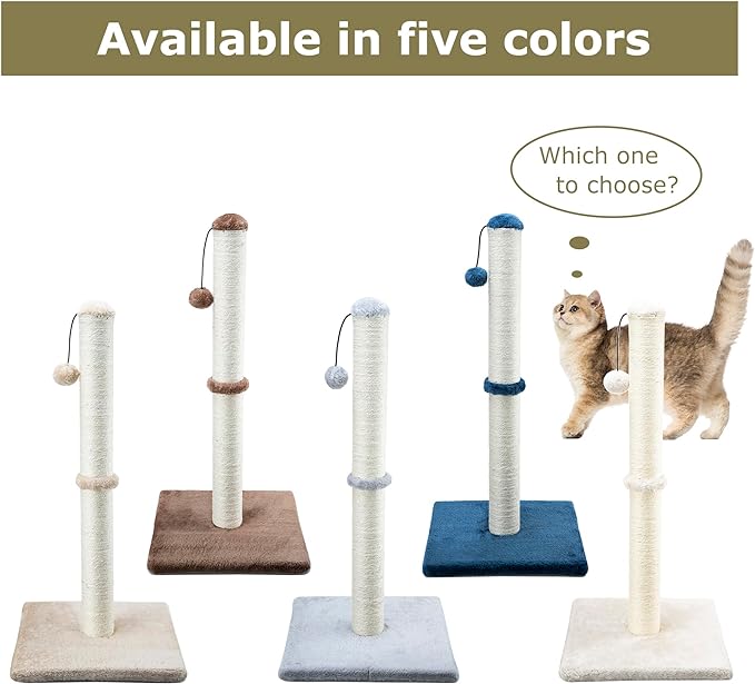 Dimaka 34" Tall Cat Scratching Post for Large Cats and Kittens, High Vertical Scratcher with Premium Natural Sisal Rope and Interactive Hanging Ball for Indoor Cats(Beige, 34 inches)