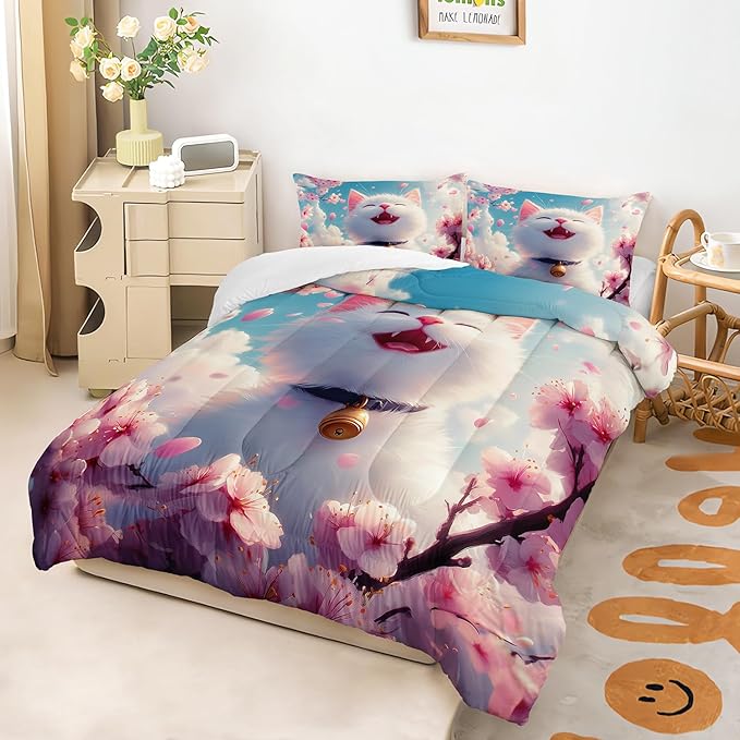 AILONEN Kids Kawaii Cat Bedding Set Twin Size,Girls Pink Flower Kitten Cat Comforter Set,Cute Pet Animal Printed Comforter with 2 Pillowcasess,3 Pieces