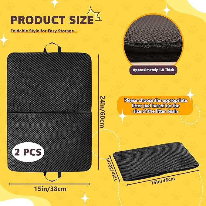 2 Pack Double Layer Cat Litter Mat with Handle, Fodable Kitty Trapping Litter Box Mat, Honeycomb Cat Mats for Litter Floor, Non-Slip Pet Cat Litter Trap Mat Rug Catcher (24" x 15")