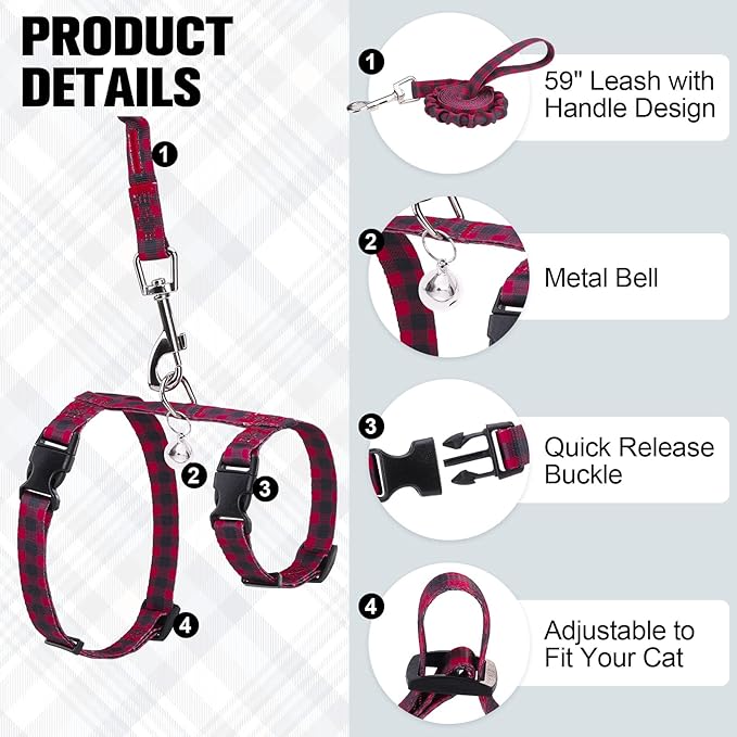 BEAUTYZOO Cat Harness and Leash Set Escape Proof for Walking, Kitten Soft Adjustable Vest Harnesses for Small Medium Large Cats, Easy Control Breathable Plaid Ribbon Nylon for Outdoor Indoor Use