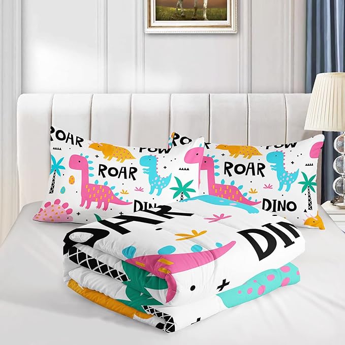 Axolotl Girls Bedding Cartoon Dinosaur Comforter Set Twin Size,Cute Dinosaur Bedding Set for Girls Teens Kids Boys Adults Room Decor,Kids Comforter Set All Season,1 Quilt 2 Pillow Cases,White