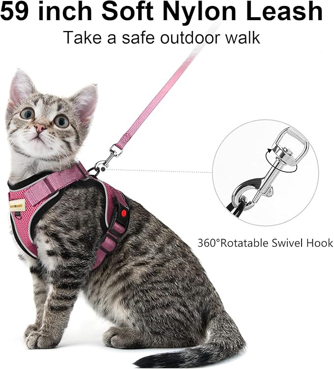 Cat Harness and Leash for Walking, Retractable Cat Harnesses and Leash Set Escape Proof, Breathable Soft Kitten Harness Small Large Cat Harness for Travel Training and Walking, Pink, XS