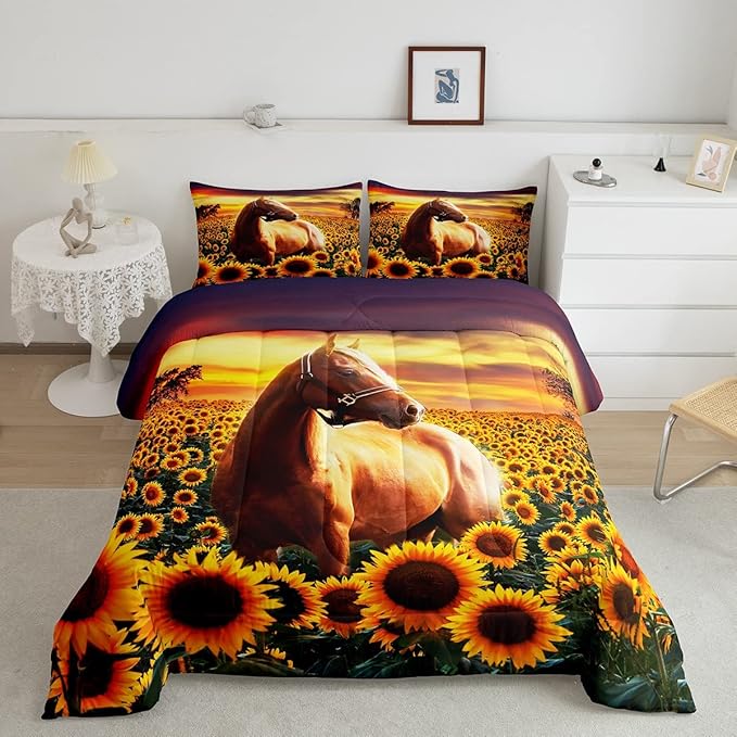 3D Horse Comforter Set for Kids Boys Wild Animal Down Comforter Girls Teen Adult Women Sunflower Quilted Duvet Brown Horse Bedding Comforters Cowboys Farmhouse Comforter with 2 Pillowcases, Queen Size