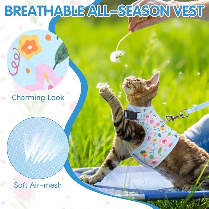 BINGPET Cat Harness and Leash Set Escape Proof for Walking,Step-in Harness with Lightweight Soft Breathable Mesh,Adjustable Easy Control Harness for Kitten Puppy Small Medium Large Cats(Flower,L)