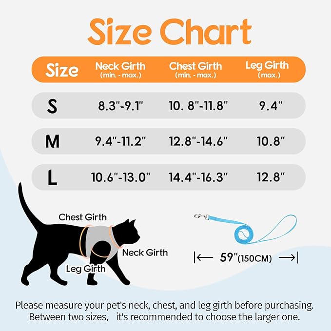 Dooradar Cat Harness and Leash Set, Escape Proof Lightweight Kitten Harness, Soft Breathable Reflective Vest for Outdoor Walking Traveling, Adjustable for Large Cats, Orange & Blue, L
