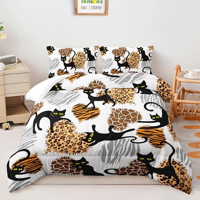 AILONEN Black Cat Comforter Set Queen Size, 3-Piece Hearts Leopard Printed Microfiber Bedding Set for Girls Women,Funny Cat Kitten Comforter with 2 Pillowcases