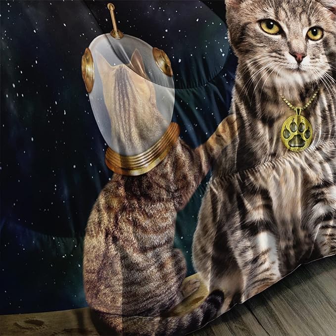 AILONEN Beige Cat Bedding Set Twin Size with Wearing Space Suit Cat Galaxy Planet Comforter Set for Kids Boys Girls,Rocket Starry Soft Breathable Duvet Set 3 Pieces, 1 Quilt and 2 Pillowcases
