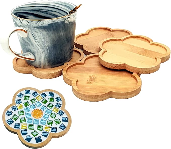 4PCS Mosaic Bamboo Coasters for Crafts, Blank Base Trays, Drinking Cup Coaster, Plant Coaster, Art Plate,DIY Mosaic Supplies (Flower)