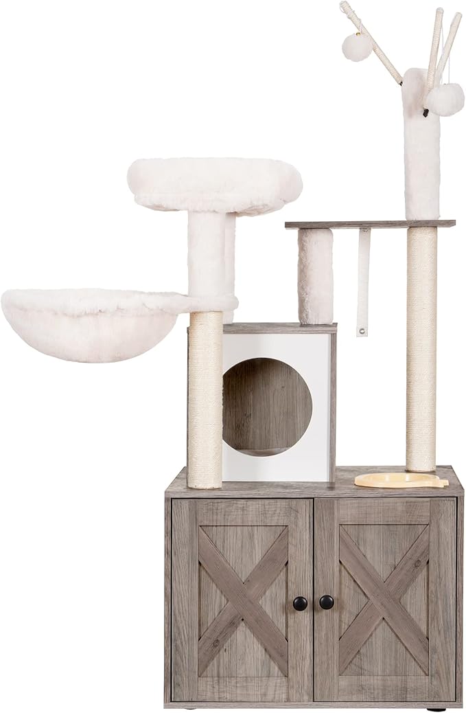 Heybly Cat Tree, Wood Litter Box Enclosure with Food Station, All-in-one Indoor Cat Furniture with Large Platform and Condo, Modern Style Cat Tower, Hammock, Rustic Brown HCT102SG