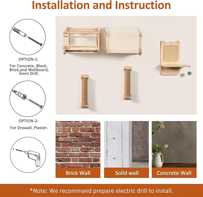 Cat Wall Shelves and Cat Wall Climber for Wall, Wooden Wall Mounted Cat Furniture, 5 Set ofCat Climbing Perches with Wall Steps, Scratching Posts, Scratching Perch, and Cat Tunnel