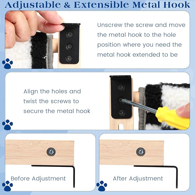 Suzile 2 Set Cat Window Sill Perch with Sturdy Solid Wood Frame Cat Window Hammock with Flannel Mat Adjustable Cats Seat Bed Shelves for Windowsill, Bedside, Drawer and Cabinet up to 33 Lbs