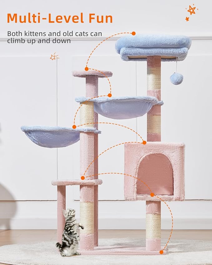 Taoqimiao Cat Tree, 39.4-Inch Cat Tower for Indoor Cats,Suitable for Kittens,Plush Cat Condo with 5 Scratching Posts, Plush Perch,2 Hammock,Pompoms, MS019PB Pink and Blue