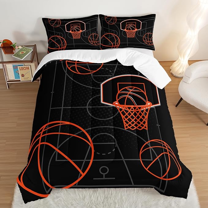 Basketball Court Print Queen Comforter Set for Boys,Ball Sports Games Bedding Set for Teens Kids Bedroom Decor,Orange Basketball Comforter Sets with 2 Pillowcases.