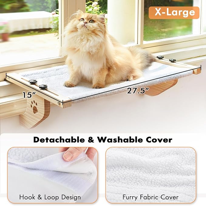 AMOSIJOY Cat Sill Window Perch Sturdy Cat Hammock Window Seat with Wood & Metal Frame for Large Cats, Easy to Adjust Cat Bed for Windowsill, Bedside, Drawer and Cabinet