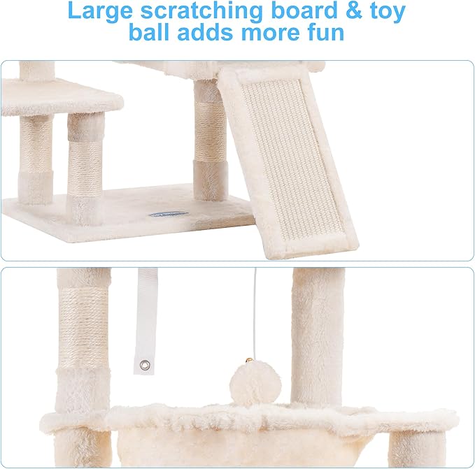 Hey-brother Cat Tree, Cat Tower for Indoor Cats, Cat House with Large Padded Bed, Cozy Condo, Hammocks, Sisal Scratching Posts, Big Scratcher, Beige MPJ006SM