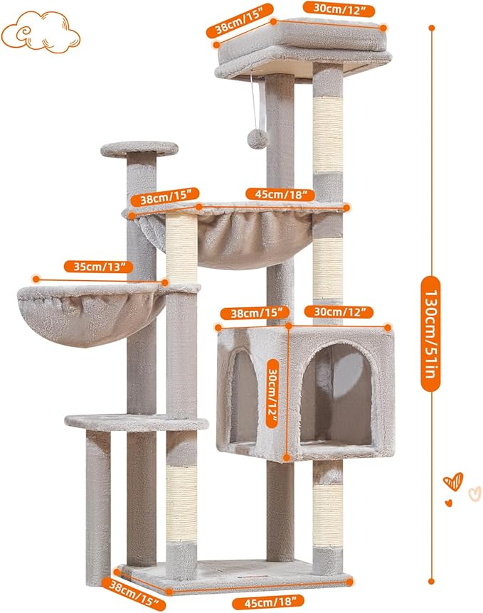 Taoqimiao Cat Tree, 51-Inch Cat Tower for Kittens, Cat Tree Tower with 5 Scratching Posts, Plush Cat Condo with Plush Perch, 2 Hammock, Pompoms, Light Gray MS019XL-W