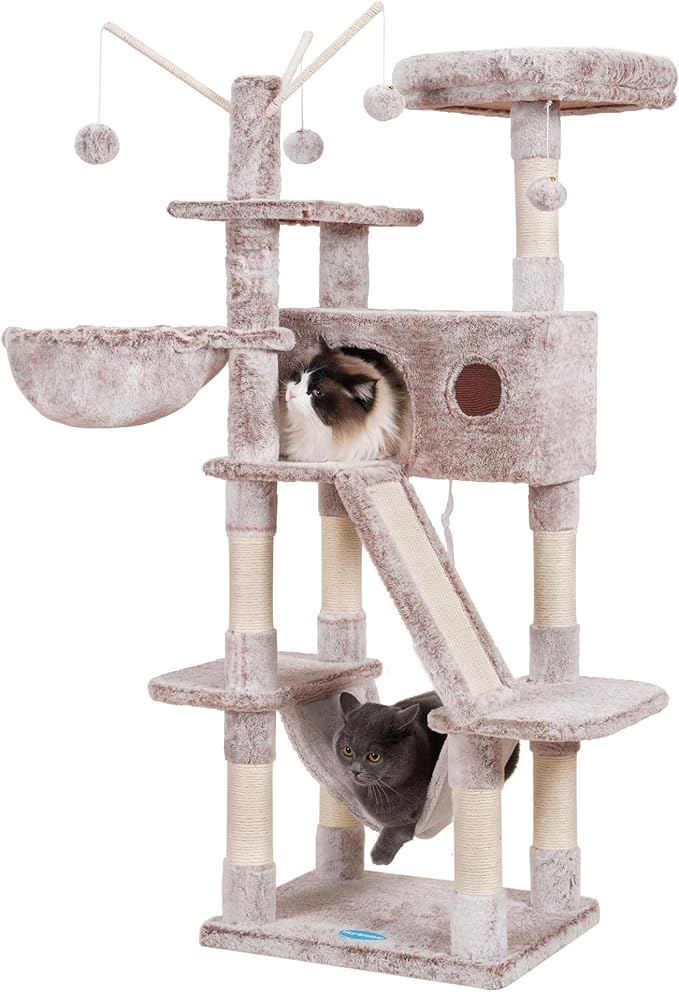 Hey-brother Cat Tree, 61 inch Cat Tower for Indoor Cats, Cat House with Padded Platform Bed, Toy Balls, Large Cozy Condo, Hammocks and Sisal Scratching Posts, Muchroom MPJ019MU