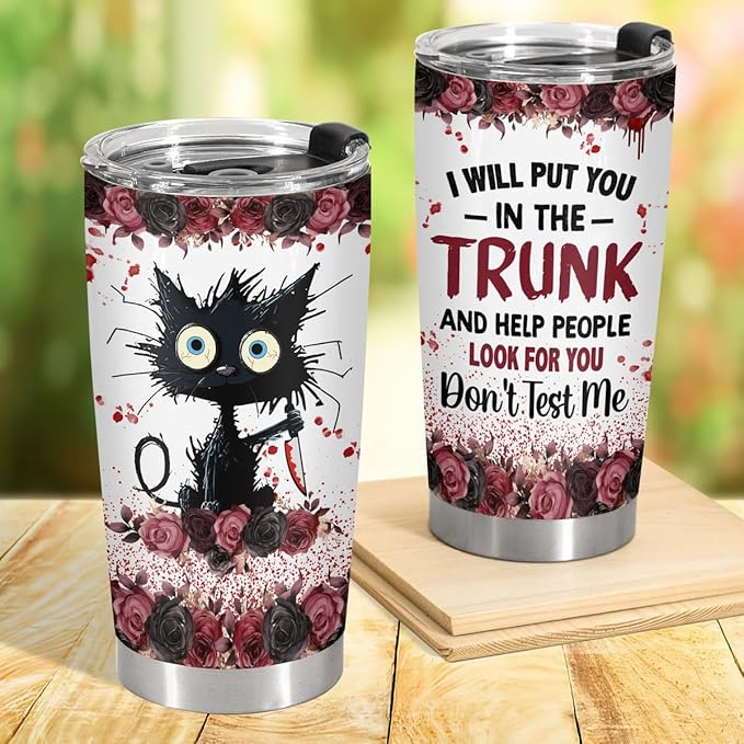 34HD Crazy Cat Tumbler with Lid, 20 oz Stainless Steel Vacuum Insulated Put You In The Trunk Mug, Funny Gifts for Cat Lover Women Men, Black Kitty Gifts for Birthday Halloween Christmas