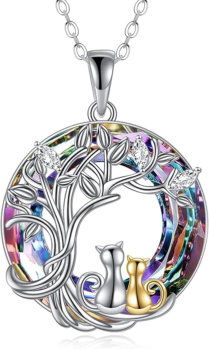 925 Sterling Silver Moon Black Cat Necklace for Women - Tree of Life Jewelry with Abalone Stone - Cat Lover Birthday Gift