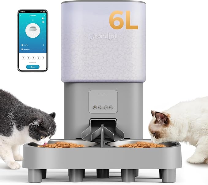 Automatic Cat Feeder, WiFi Cat Food Dispenser with APP Control for 2 Cats & Dogs, 6L Elevated Timed Cat Feeder Programmable 1-10 Meals,10s Meal Call,Dual Power Supply, 2 Stainless Bowls