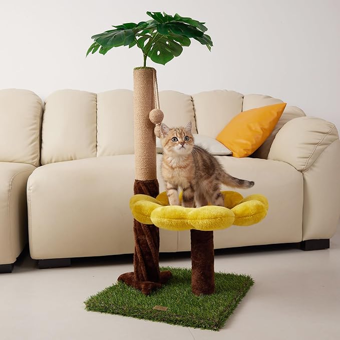 Cat Scratching Posts Cat Scratcher with Premium Sisal Rope, Sunflower Cat Platform and Danging Balls,33.86" Tall Cat Scratcher, Suitable for Large Adult cat, Kitten, and All Type of Cats
