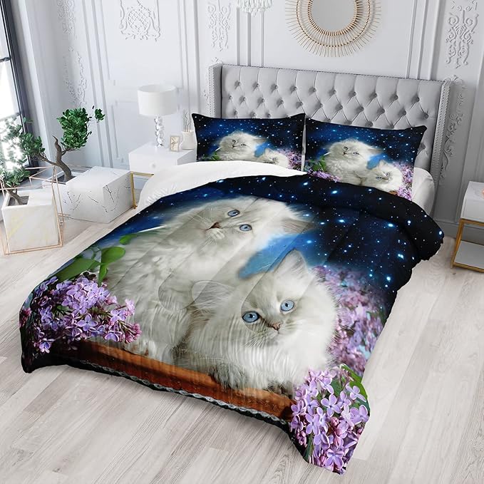 AILONEN Cat Bedding Set for Kids & Teens, 3D Printed Animal Cat Quilted Comforter & Pillowcases, Easy Care, Queen Size