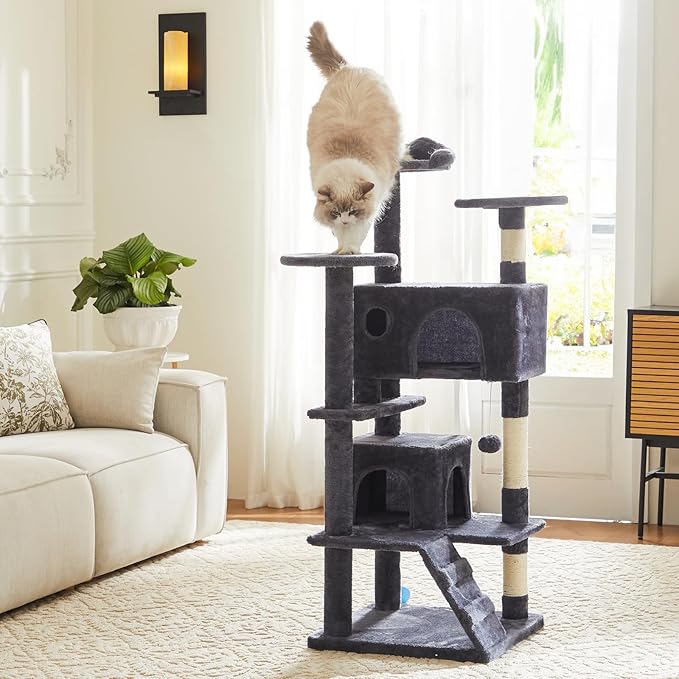Sweetcrispy 54-Inch Cat Tree Tower – Multi-Level Cat Tower with Sisal Scratching Post, Perfect Cat Gift, Indoor Cat Tree with Condo, Climbing Ladder, Plush Toy, and More Cat Stuff，Grey