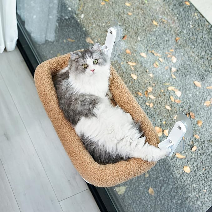 Foldable Cat Hammock for Window - Cordless, Embeded Machine Washable Bed, Robust Metal Frame - Cat Window Perch for Large Cats and Kitten (Brown Bolster Bed, Medium)