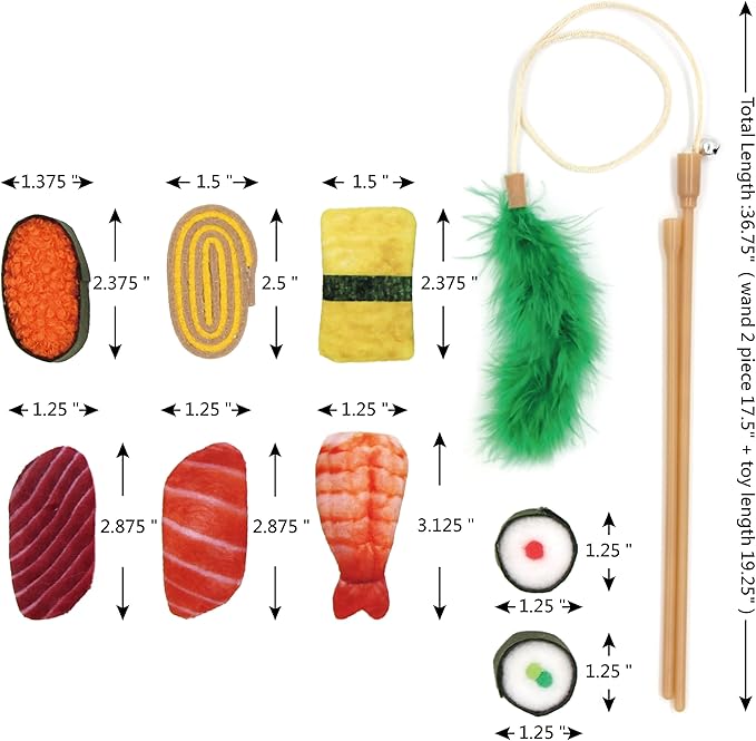 9 Assortments Pack Value Toy and Teaser Set, Interactive Catnip Cat Toys, Crinkle Toys, Feather Wand Toy, Accessories for Indoor Cat (Sushi Set)