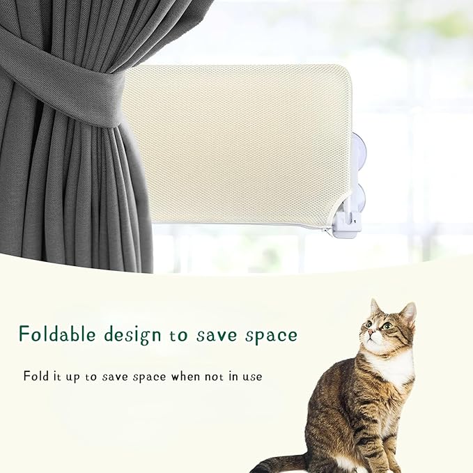 Cat Window Perch, Cordless Foldable Cat Hammock Bed with Metal Frame and Reversible Cover, Indoor Window Cat Bed Hold Up to 55lbs for Medium to Large Cats, Beige