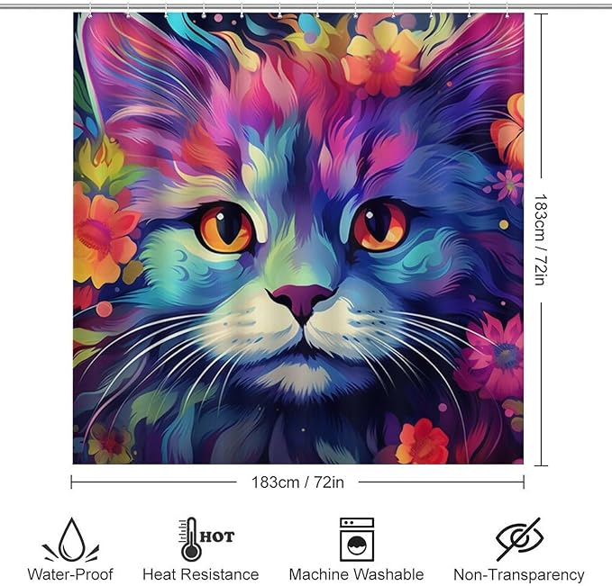 4Pcs Modern Colorful Cat Shower Curtain Sets with Non-Slip Rugs, Toilet Lid Cover and U Shape Bath Mat, Funny Abstract Flower Animal Bathroom Sets Waterproof Shower Curtains with 12 Hooks