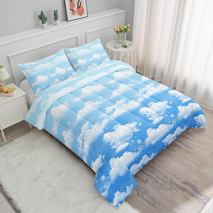 Axolotl Blue Cloud Comforter Set Twin - Sky Blue Bedding Set with Clouds Design - 1 Quilt, 2 Pillowcases