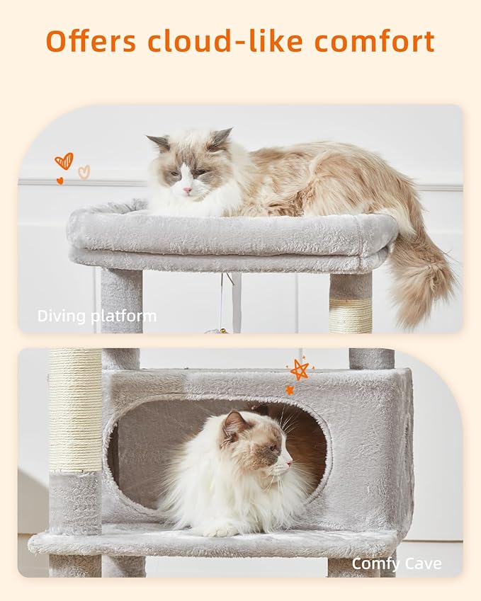 Taoqimiao Cat Tree,48.8-Inch Cat Tower for Indoor Cats,2 Luxurious cat condo with Adjustable Large Hanging Baskets and Large Luxurious Perch Light Gray MS029LW