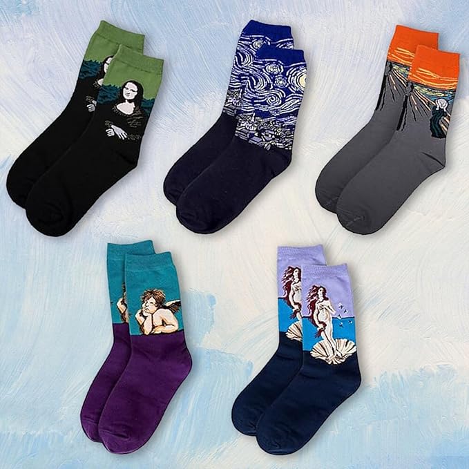 5 Pairs Womens Fun Famous Painting Patterned Art Socks Cotton, Printed Cool Novelty Funny Socks for Women
