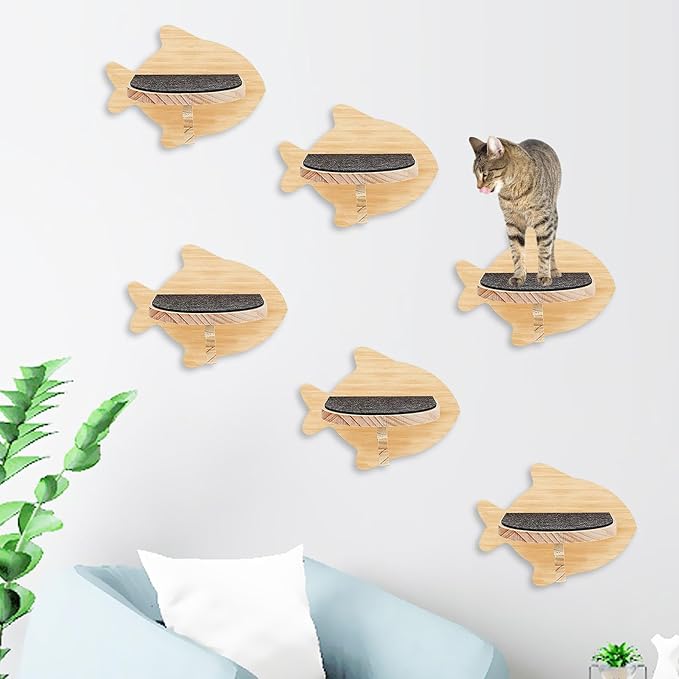 kathson 6 Pcs Cat Shelves for Wall Cat Wall Mounted Shelves Cat Wall Steps Wood Cat Climbing Shelves Cat Stairs with Non Slip Felt Cat Ladder Cat Wall Furniture for Springboard Playing (Fish Shape)