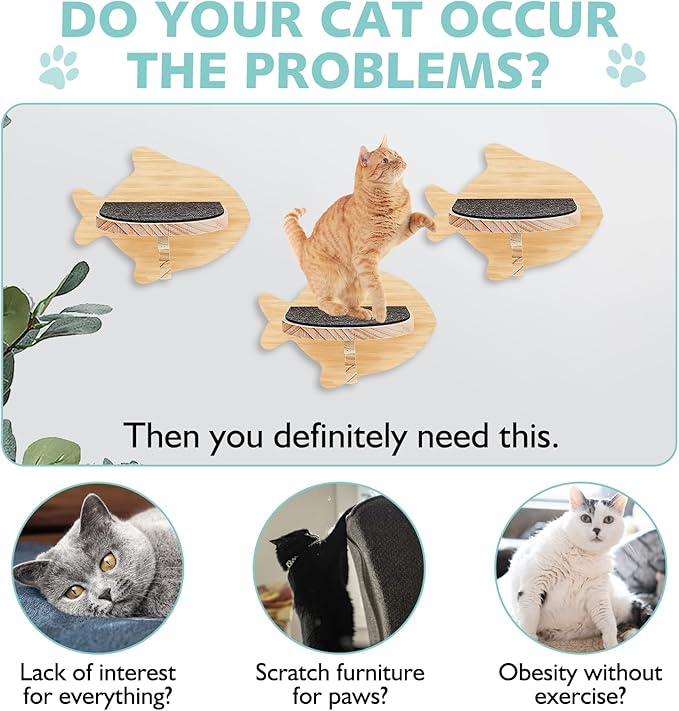 kathson 6 Pcs Cat Shelves for Wall Cat Wall Mounted Shelves Cat Wall Steps Wood Cat Climbing Shelves Cat Stairs with Non Slip Felt Cat Ladder Cat Wall Furniture for Springboard Playing (Fish Shape)