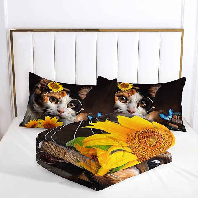 AILONEN Glasses Cat Print Bedding Set Queen Size with Sunflowers Vintage Items Books Comforter Set for Boys Girls,Retro Wooden Style Soft Breathable Duvet Set 3 Pieces, 1 Quilt and 2 Pillowcases