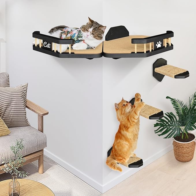 Cat Wall Furniture Wall Mounted, 2PCS Cat Shelves and Cat Perches for Wall with 3 Cat Wall Steps and Scratching Pad, Cat Wall Shelves Fit Cat Up to 15Lbs, Wood Cat Hammock Wall Mount (Black)