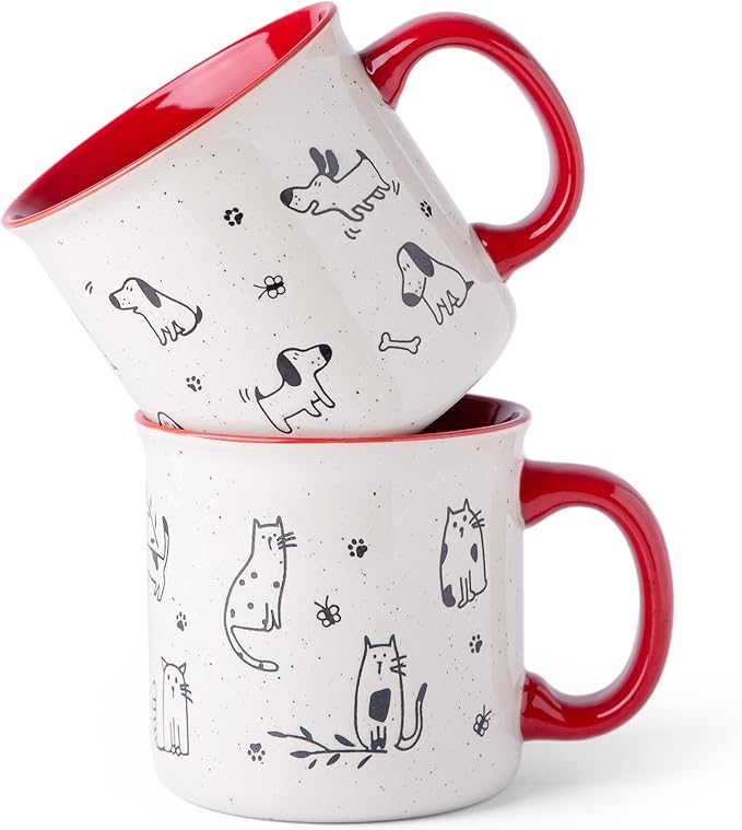 AmorArc 22 OZ Large Ceramic Coffee Mugs Set of 2, Oversized Mugs With Big Handle for Men Women Dad Mom, Big Mug With Textured Dogs Cats Patterns for Office & Home -Microwave Safe, 2 Pcs-Red