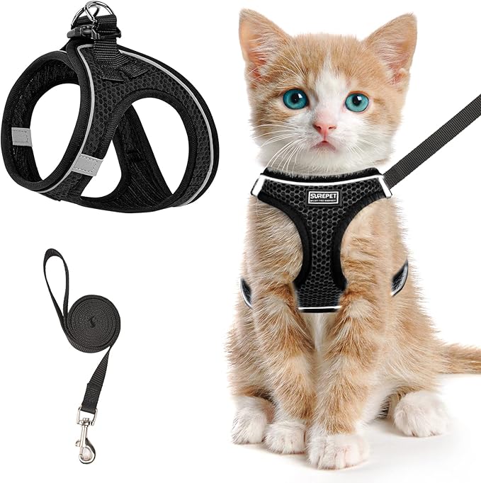 Cat Harness and Leash for Walking Escape Proof, Adjustable Kitten Vest Harness Reflective Soft Mesh Puppy Harness for Outdoor, Comfort Fit, Easy to Control (Black, M)