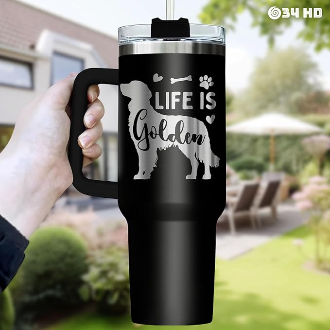 34HD Funny Golden Retriever Tumbler 40oz with Handle – Stainless Steel Insulated Dog Lover Cup – Life is Golden Travel Mug – Dog Mom Gift for Birthday, Christmas, Mother’s Day