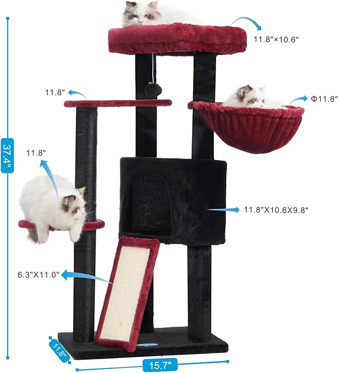 Hey-brother Gothic Cat Tree with Scratching Board, Cat Tower with Padded Plush Perch and Cozy Basket, Multi-Platform for Jump, Black and Red MPJ005BR
