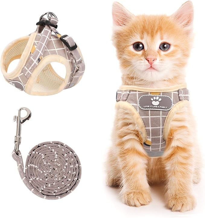 Cat Vest Harness and Small Dog Vest Harness for Walking, All Weather Mesh Harness, Cat Vest Harness with Reflective Strap, Step in Adjustable Harness for Small Cats (Khaki-Pattern, XS)