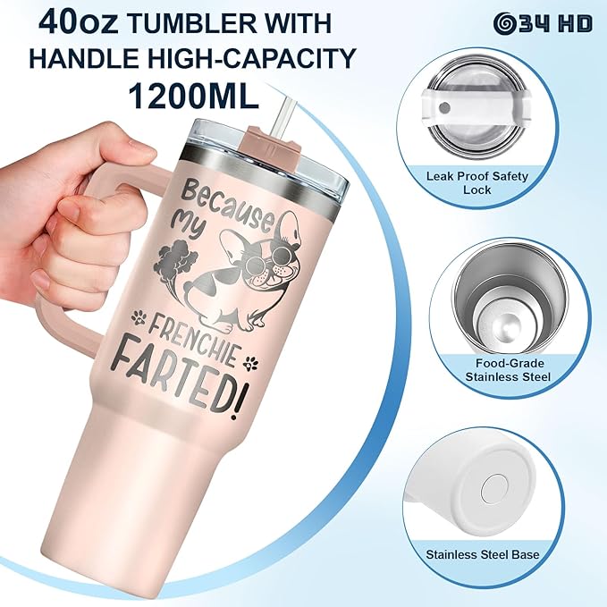 34HD 40oz French Bulldog Tumbler with Handle and Straw, Vacuum Insulated French Dog Coffee Mug with Lid, Birthday Gifts for Pet Owners, Funny Gifts for Dog Mom Mothers Day Women